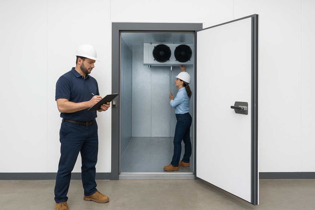 Commercial refrigeration technicians installing a walk-in cooler in Massachusetts. One technician is adjusting the cooling unit inside while another takes notes on a clipboard, ensuring proper installation and compliance with health codes