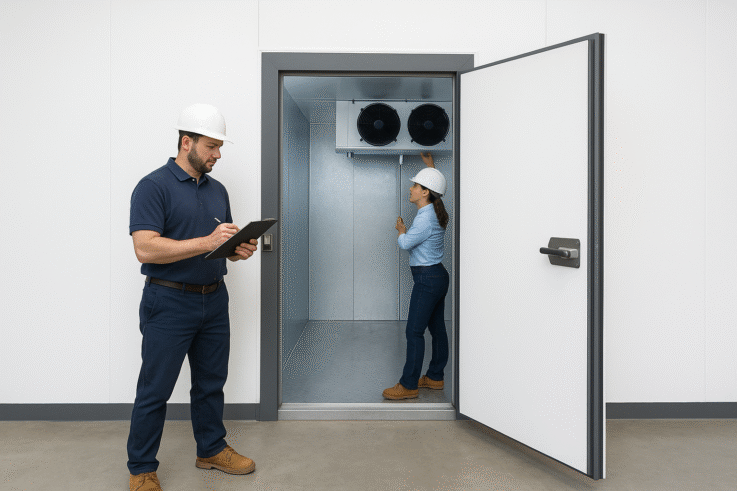 Commercial refrigeration technicians installing a walk-in cooler in Massachusetts. One technician is adjusting the cooling unit inside while another takes notes on a clipboard, ensuring proper installation and compliance with health codes