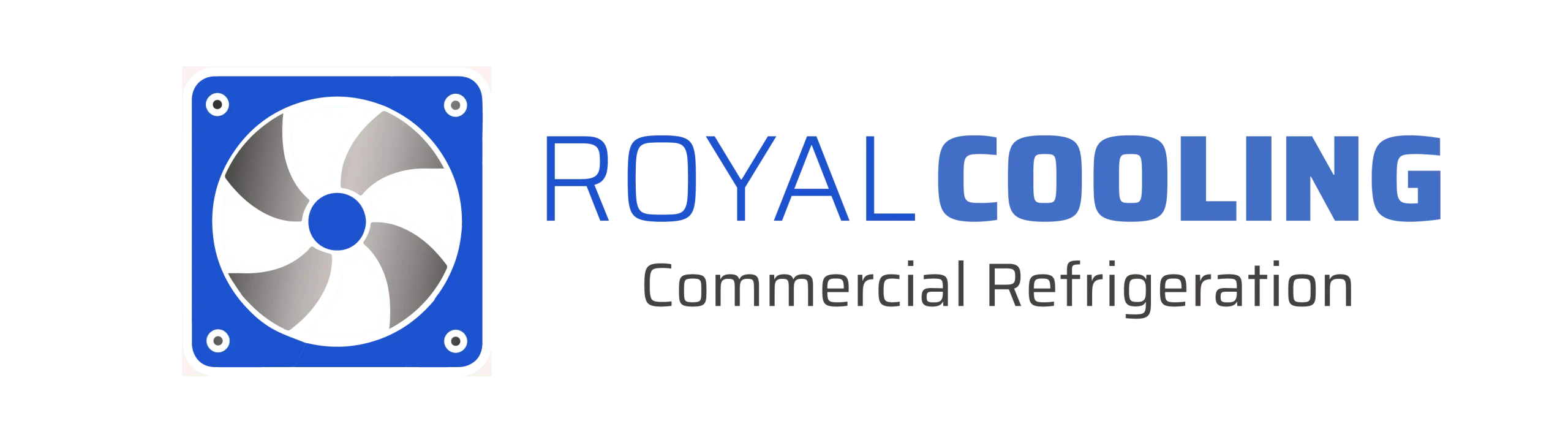 RoyalCooling company logo. Blue Fan with writing 'Royal Cooling' & Commercial Refrigeration under