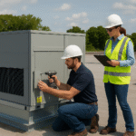 Two HVAC technicians wearing safety gear install a rooftop unit on a commercial building, with one technician using a power drill while the other monitors with a clipboard.