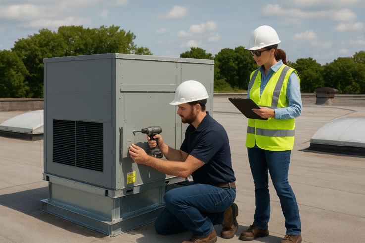 Two HVAC technicians wearing safety gear install a rooftop unit on a commercial building, with one technician using a power drill while the other monitors with a clipboard.