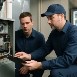 Two HVAC contractors inspecting a residential gas furnace, emphasizing professional maintenance and efficiency for heating systems.