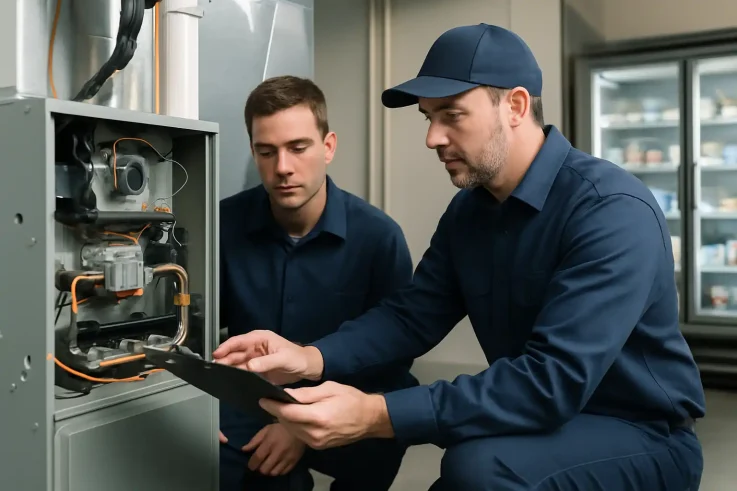 Two HVAC contractors inspecting a residential gas furnace, emphasizing professional maintenance and efficiency for heating systems.