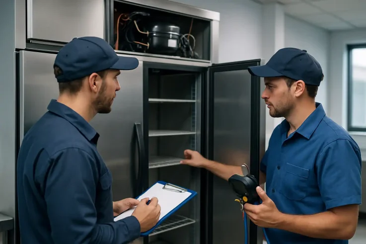 Two contractors discussing the installation of a commercial refrigeration system in Boston, showcasing professional service and expertise for local businesses.