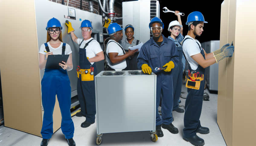A diverse team of skilled contractors working on commercial refrigeration systems in Massachusetts, showcasing professionalism and expertise in the industry.