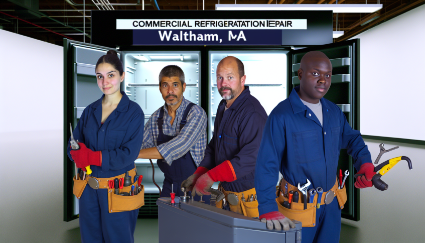 Royal Cooling technicians providing expert commercial refrigeration repair services in Waltham, MA, showcasing professionalism and industry knowledge.