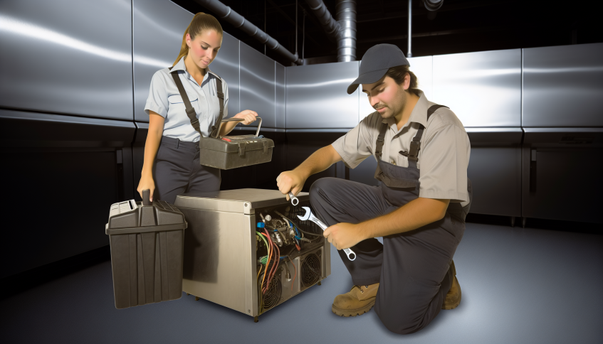 Two professional technicians repairing a commercial ice machine in Waltham, MA, showcasing expert ice machine repair services.