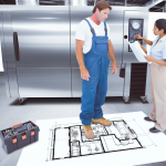 Two skilled refrigeration contractors installing a commercial refrigeration unit in a Massachusetts business, showcasing professional installation services.