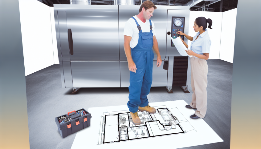 Two skilled refrigeration contractors installing a commercial refrigeration unit in a Massachusetts business, showcasing professional installation services.