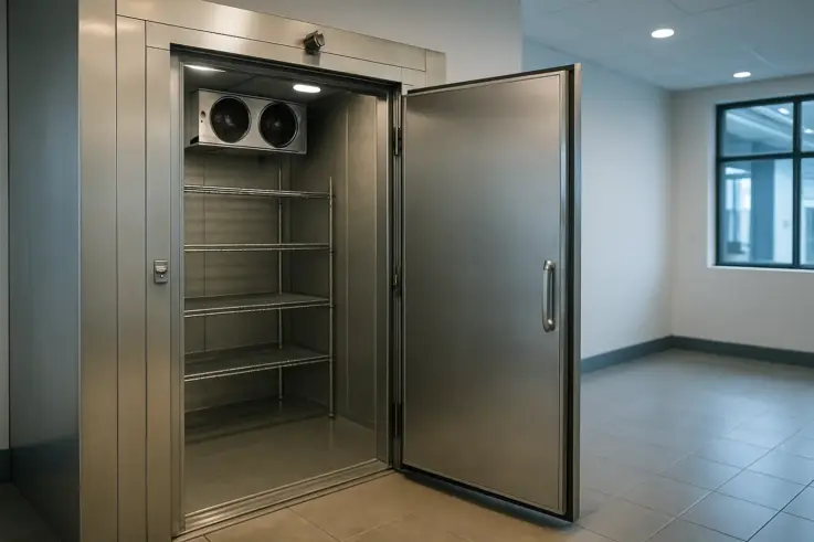 An empty commercial walk-in cooler highlighting the importance of emergency refrigeration services for businesses in Boston facing cooler malfunctions.