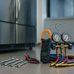 A set of professional tools and equipment for commercial refrigerator repair, showcasing a variety of wrenches, gauges, and diagnostic instruments used by technicians in Cambridge, MA.