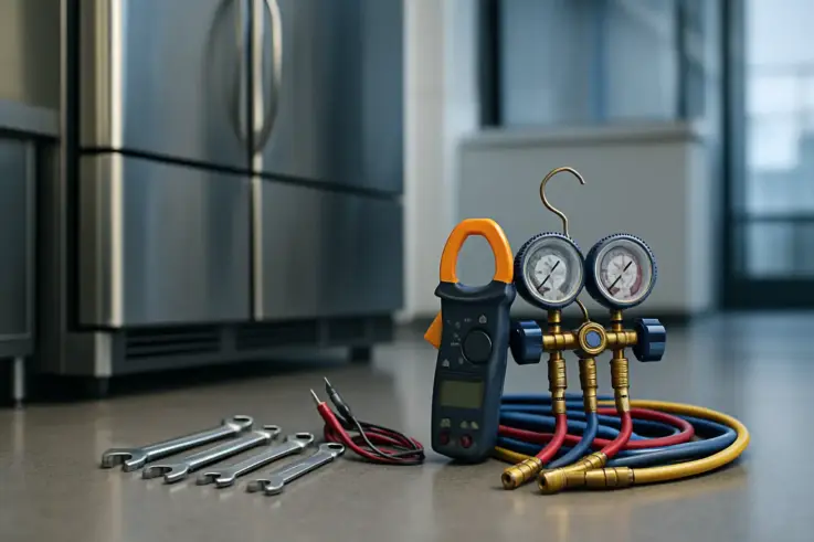 A set of professional tools and equipment for commercial refrigerator repair, showcasing a variety of wrenches, gauges, and diagnostic instruments used by technicians in Cambridge, MA.
