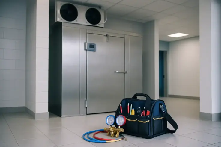 A professional technician's tools and equipment ready for emergency walk-in freezer repair in Cambridge, emphasizing fast and reliable service for commercial refrigeration breakdowns.