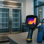 Advanced refrigeration leak detection equipment in a commercial setting, showcasing thermal imaging cameras and acoustic listening devices for efficient leak inspection in Boston.