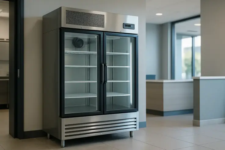 A modern commercial refrigeration unit installed in a business setting, showcasing efficient design and professional installation, ideal for restaurants and retail.