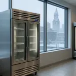 Winterized commercial refrigeration units set against a snowy Boston backdrop, emphasizing the importance of seasonal maintenance for reliable food storage during harsh winter conditions.