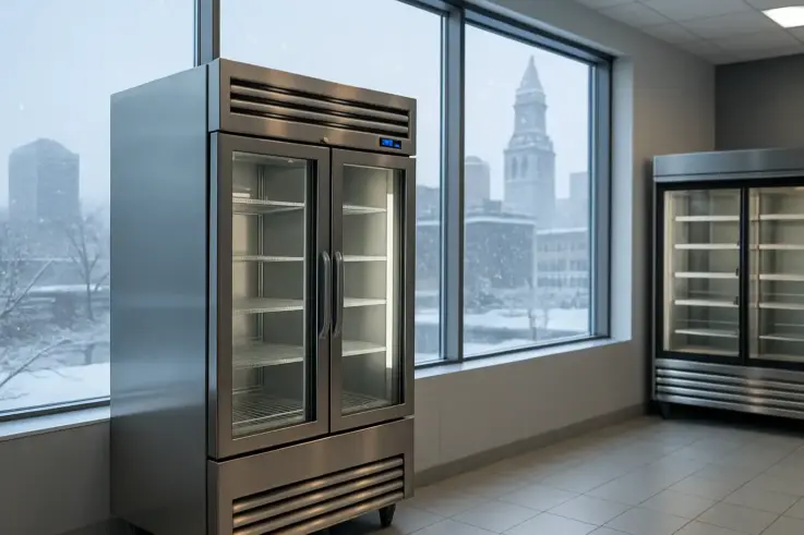 Winterized commercial refrigeration units set against a snowy Boston backdrop, emphasizing the importance of seasonal maintenance for reliable food storage during harsh winter conditions.