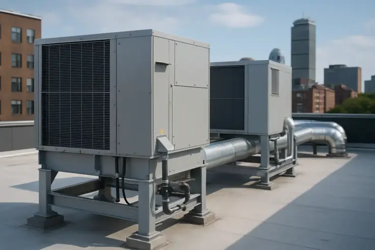 Overview of commercial rooftop gas heating units installed on a Boston business building, showcasing their space-saving design and energy-efficient technology.