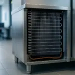 A close-up view of clean commercial refrigeration condenser coils, highlighting their importance in energy efficiency and temperature control for businesses in Boston.