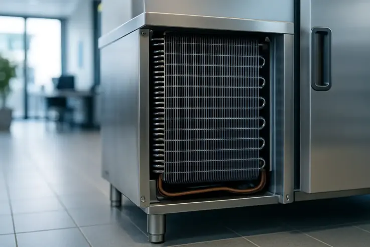 A close-up view of clean commercial refrigeration condenser coils, highlighting their importance in energy efficiency and temperature control for businesses in Boston.
