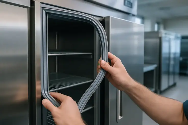 A close-up view of a new commercial refrigerator door gasket, highlighting its importance in sealing and energy efficiency for businesses in Boston.