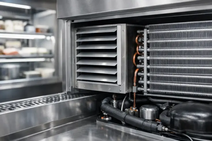 A close-up view of a commercial refrigeration unit showcasing clean coils and unobstructed vents, emphasizing the importance of airflow for food safety and energy efficiency in Medford MA.