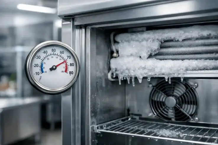 A close-up view of a commercial refrigeration unit with visible temperature gauge and ice buildup, representing common temperature issues faced by businesses in Somerville, MA.