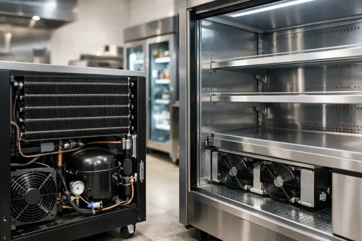 A well-maintained commercial refrigeration unit with clean coils, essential for restaurants and businesses in Burlington MA, ensuring optimal efficiency and food safety.