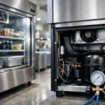 Close-up of a commercial refrigeration unit showcasing its interior components, emphasizing the importance of functionality and maintenance for restaurants and businesses in Somerville MA.