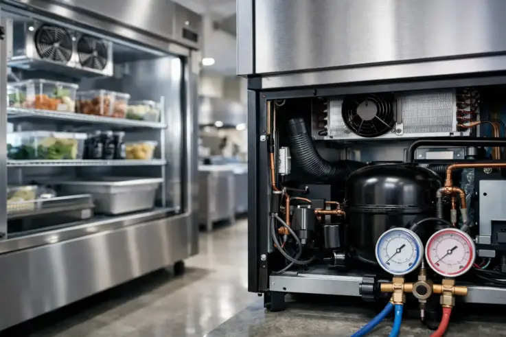 Close-up of a commercial refrigeration unit showcasing its interior components, emphasizing the importance of functionality and maintenance for restaurants and businesses in Somerville MA.