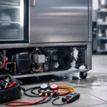A commercial refrigerator in urgent need of repair, showcasing the importance of emergency refrigeration services for businesses in Burlington MA.