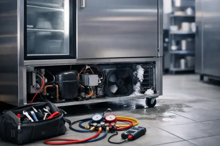 A commercial refrigerator in urgent need of repair, showcasing the importance of emergency refrigeration services for businesses in Burlington MA.