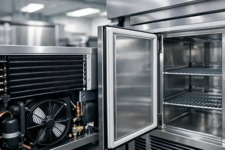 A well-maintained commercial refrigeration unit showcasing clean condenser coils and tight door seals, illustrating the importance of regular maintenance for energy efficiency and food safety.