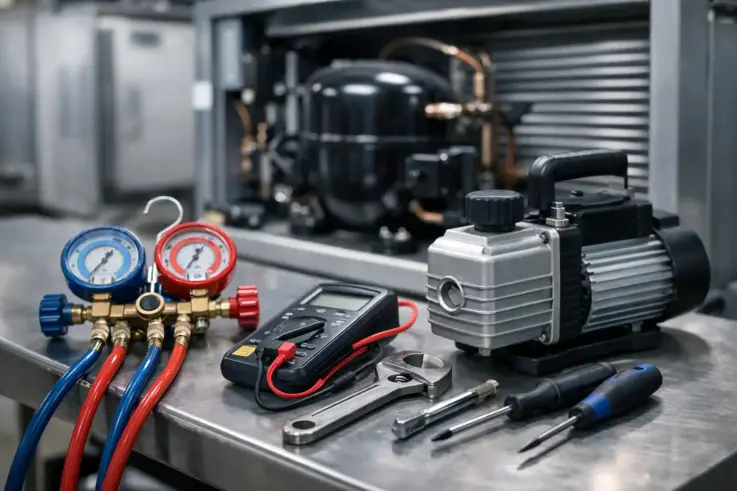 Close-up of commercial refrigeration compressor repair tools on a workbench, showcasing vital equipment used for diagnostics and repairs in Boston, emphasizing the essential nature of maintenance for efficient refrigeration systems.