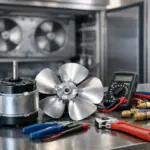 A close-up of commercial refrigeration fan components and tools, showcasing the essential equipment used for fan motor replacement and repair in Somerville, MA.
