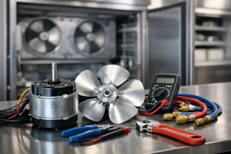 A close-up of commercial refrigeration fan components and tools, showcasing the essential equipment used for fan motor replacement and repair in Somerville, MA.