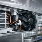 Close-up of a commercial refrigeration evaporator unit, showcasing its coils and components, relevant for discussing repair services in Burlington MA.