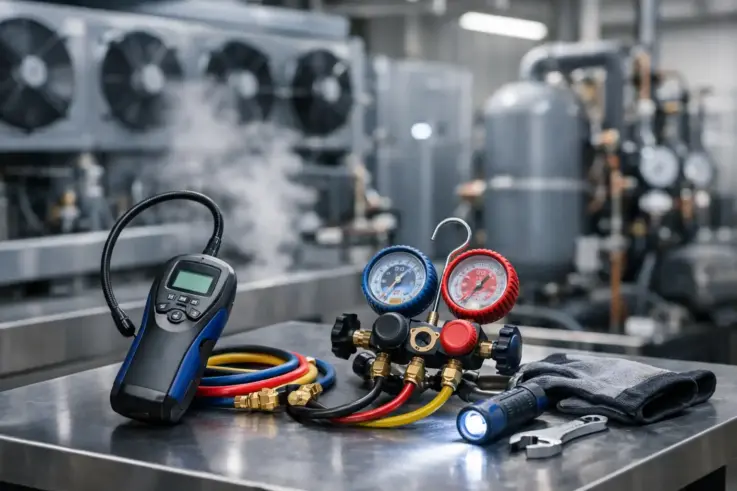 Advanced refrigerant leak detection tools on a workbench, highlighting the importance of precise detection in commercial refrigeration repair services in Somerville MA.