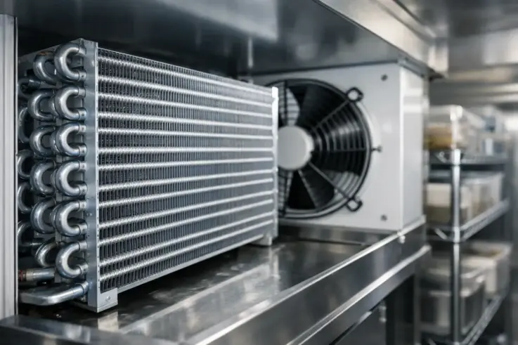 Close-up view of clean commercial refrigeration evaporator coils, highlighting the importance of regular maintenance in food safety and efficient cooling for businesses in Medford, MA.