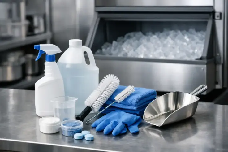 Essential sanitization tools and supplies for commercial ice machine cleaning, ensuring compliance with health codes in Boston.