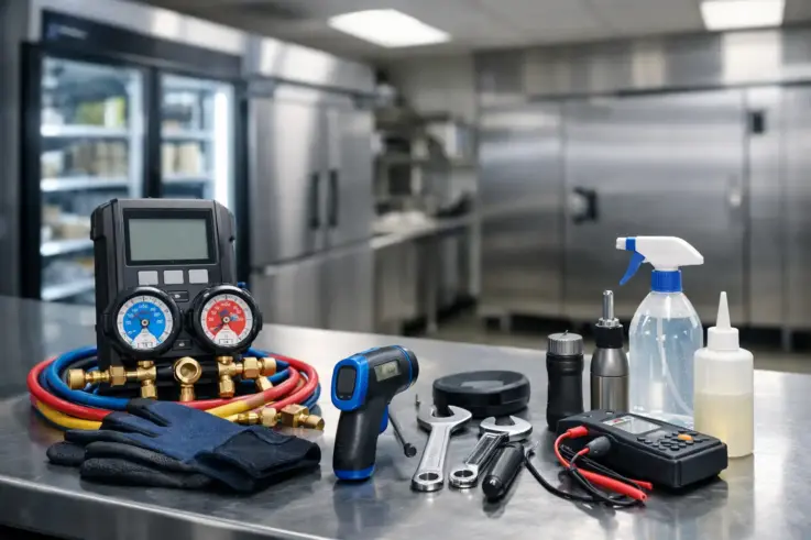 A collection of tools and equipment for commercial refrigeration maintenance, symbolizing the importance of regular upkeep and checks to ensure food safety and efficiency in Burlington MA businesses.