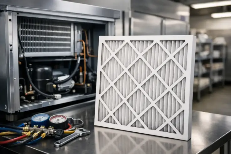 A clean air filter for commercial refrigeration systems, showcasing the importance of regular maintenance for optimal performance in Somerville, MA.