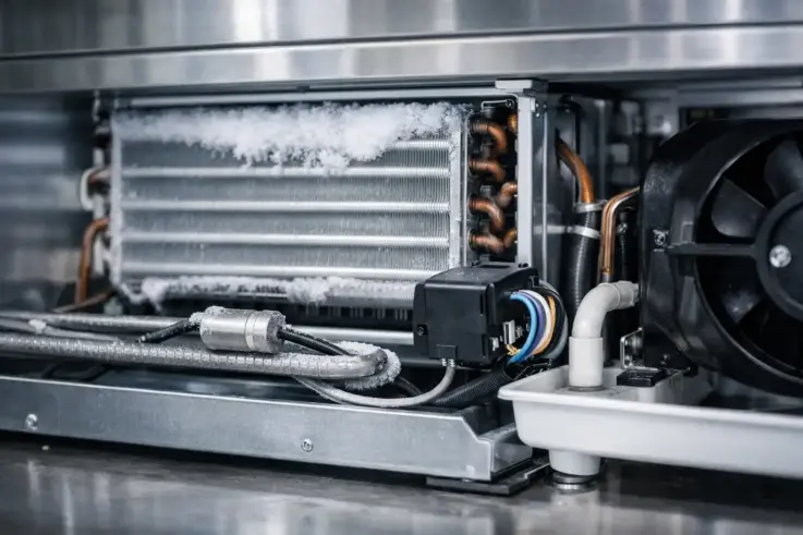 A close-up of commercial refrigeration equipment showing defrosting components, essential for preventing ice buildup in Burlington MA businesses.
