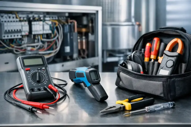 Close-up of electrical inspection tools and equipment used for commercial refrigeration inspections in Somerville MA, highlighting the importance of preventive maintenance.