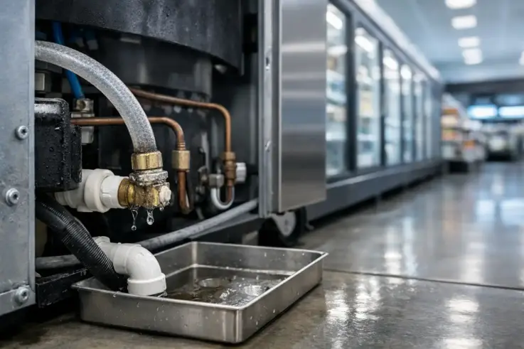 Close-up of a commercial refrigerator with visible water line connections showing signs of wear, highlighting potential water line issues in Burlington MA