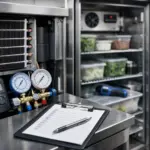 A neatly organized commercial refrigerator showcasing well-maintained coils, clear labels, and equipment monitoring tools, emphasizing the importance of monthly maintenance for food service businesses in Cambridge, MA.