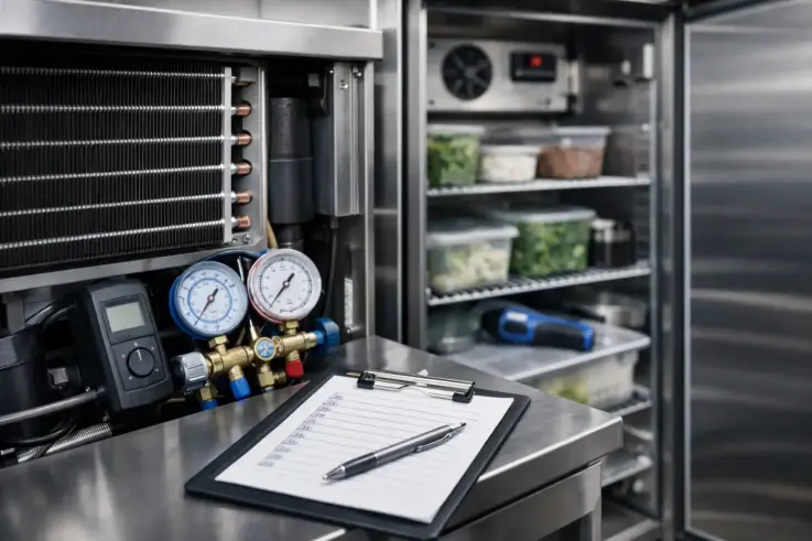 A neatly organized commercial refrigerator showcasing well-maintained coils, clear labels, and equipment monitoring tools, emphasizing the importance of monthly maintenance for food service businesses in Cambridge, MA.